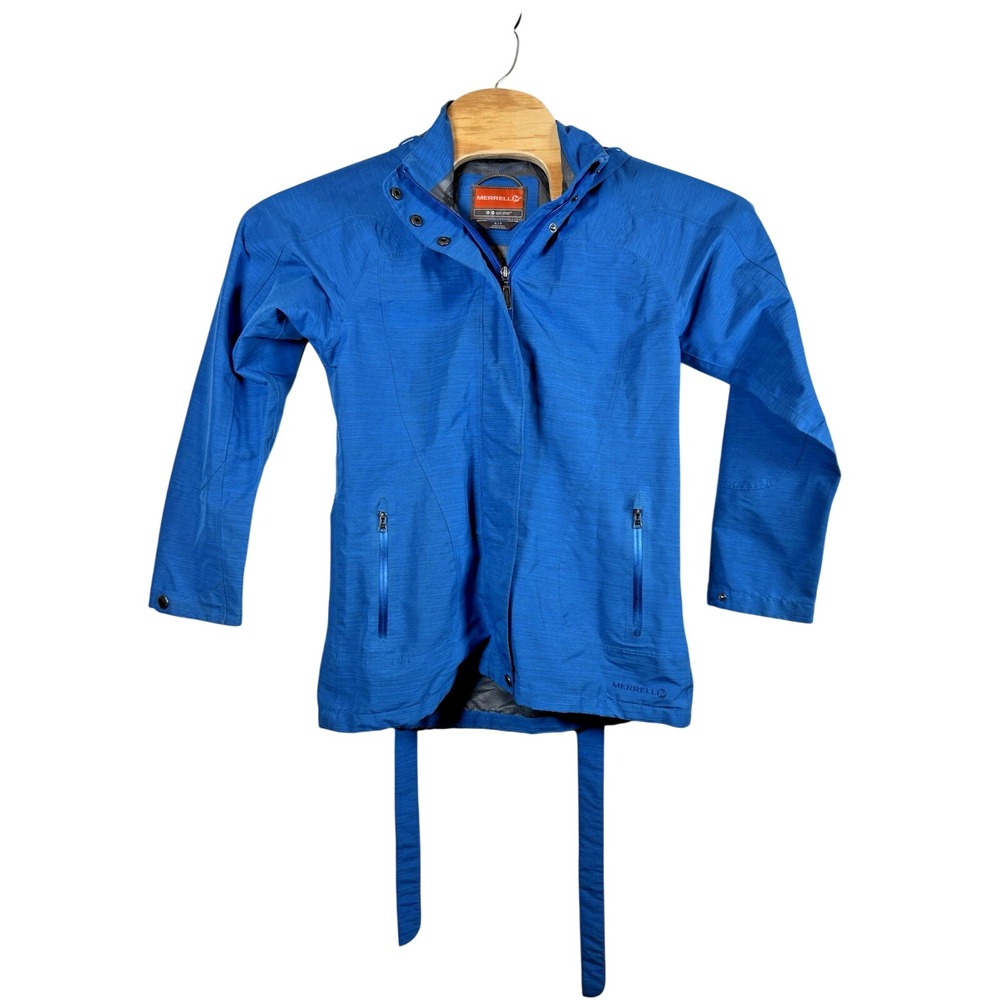 Merrell Opti-Shell Rain Jacket Women Small Blue Hooded Belted Waterproof Coat